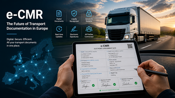 Driver using tablet with digital CMR document while truck transport is ongoing in Europe representing modern logistics digitalization