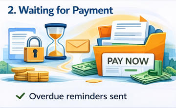 Payment reminder system showing waiting period, overdue notice, and pay now option